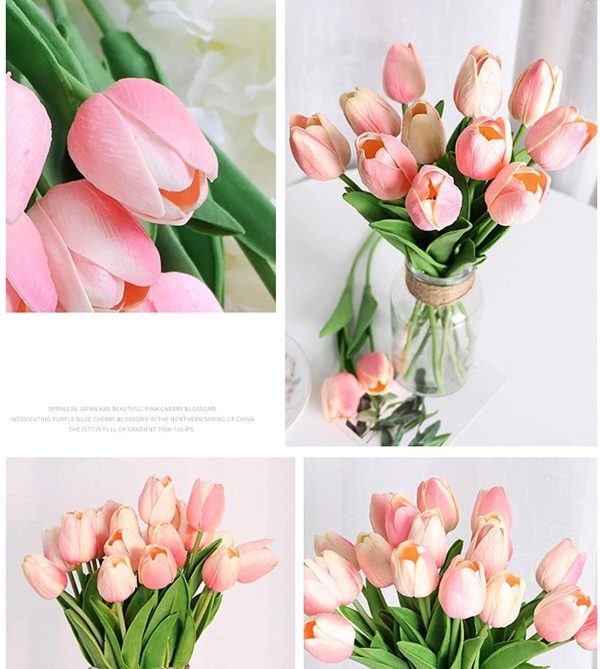 DecoForU 15 Pcs Artificial Flowers Tulips Real Touch Flowers Arrangement for Home Room Office Party Wedding Decoration(Pink)