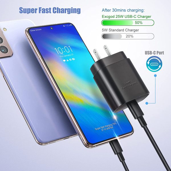 USB C Fast Charger, Excgood 25W Super Fast Charging Wall Charger with USB-C Type C Cable (6ft) Compatible with Samsung Galaxy S22/S21 Ultra/S21 FE/,Z Fold3/2, Note 10+/20/S20/A80/A70,Pixel 4/3XL, Pad and More