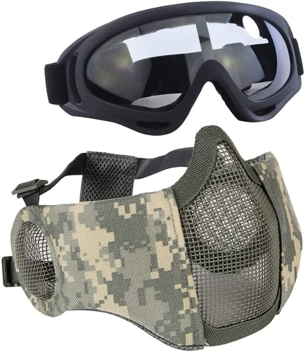 AOUTACC Airsoft Protective Gear Set, Half Face Mesh Mask with Ear Protection and Tactical Goggles for BBS Paintball Shooting CS Survival Games Cosplay - Image 8