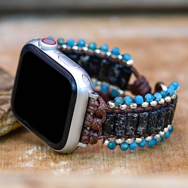 Teepollo Handmade Customized Watch Band Compatible with Apple Watch 38mm/40mm/41mm/42mm/44mm/45mm Stone Wrap Boho Watch Strap Compatible with iWatch 1/2/3/4/5/6/7/SE Series for Women Men??(Blue & Black Emperor)