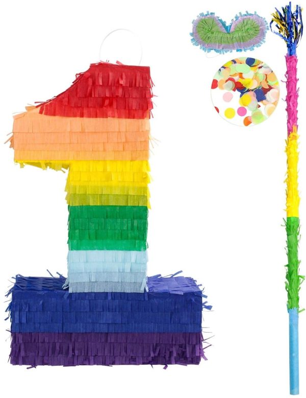 Pinata Number 1 for Birthday Anniversary Celebration Decorations Gaming Theme Pet Party Cinco de Mayo Fiesta Supplies with Stick Multicolor Confetti Colorful Pinatas 0 1 2 3 4 5 6 7 8 9 (1)