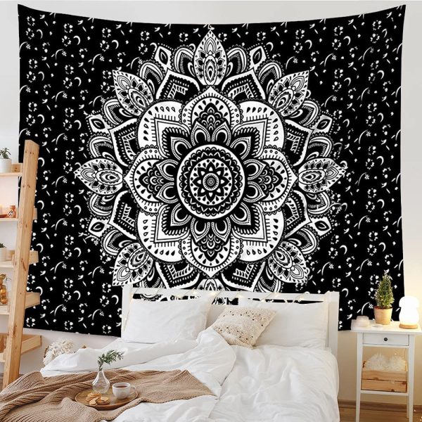 Tapestry Wall Hanging Black and White Mandala Flowers, Hippie Bohemian Tapestries Indian Home Decor Wall Art, Bedroom College Dorm Beach Throw Boho, 59"x51" by ZHH - Image 5