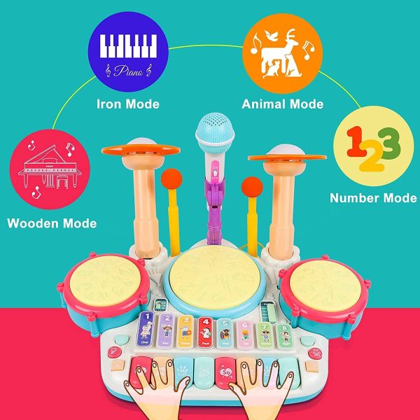 5 in 1 Kids Drum Set, Rabing Kids Piano Electric Musical Instruments Toys with 2 Drum Sticks, Beats Flash Light and Adjustable Microphone, Birthday Gift for 1-12 Years Old Boys and Girls