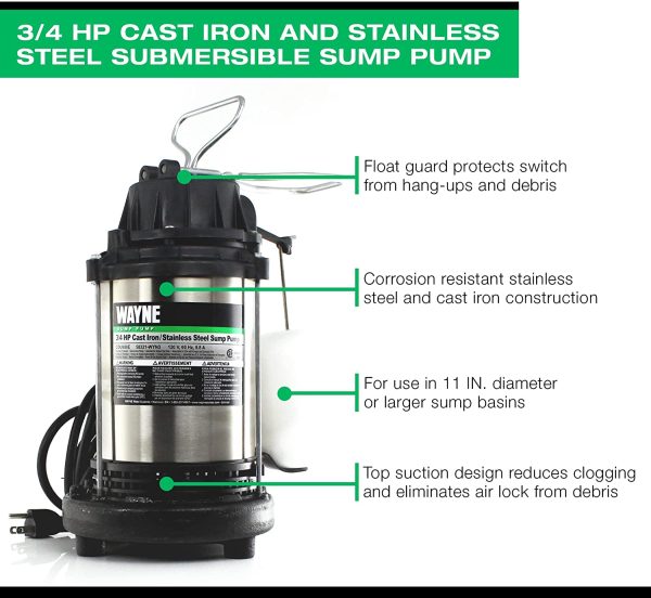 Wayne CDU980E 3/4 HP Submersible Cast Iron and Stainless Steel Sump Pump with Integrated Vertical Float Switch - Image 4