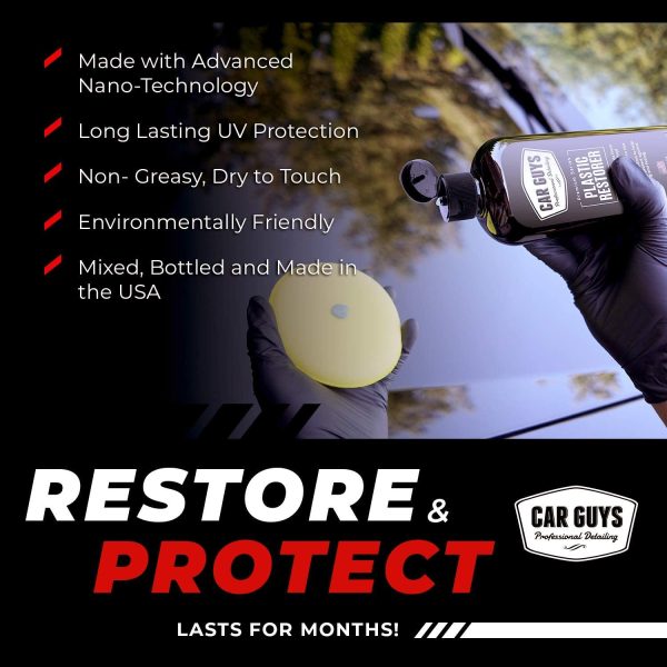 Car Guys Advanced Nano-technology Plastic Restorer | Ultimate Solution Bringing Rubber, Vinyl, and Plastic Back to Life | Non-greasy, Dry Touch, and Eco-friendly | 8 Oz Kit