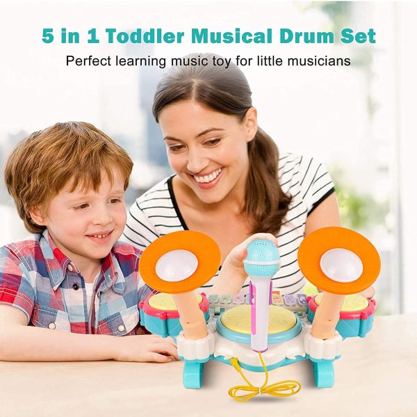 5 in 1 Kids Drum Set, Rabing Kids Piano Electric Musical Instruments Toys with 2 Drum Sticks, Beats Flash Light and Adjustable Microphone, Birthday Gift for 1-12 Years Old Boys and Girls - Image 7