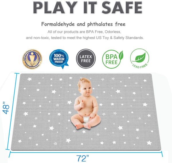 Extra Large Baby Play Mat - 4FT x 6FT Non-Toxic Foam Puzzle Floor Mat for Kids & Toddlers (Grey/White Star) - Image 6