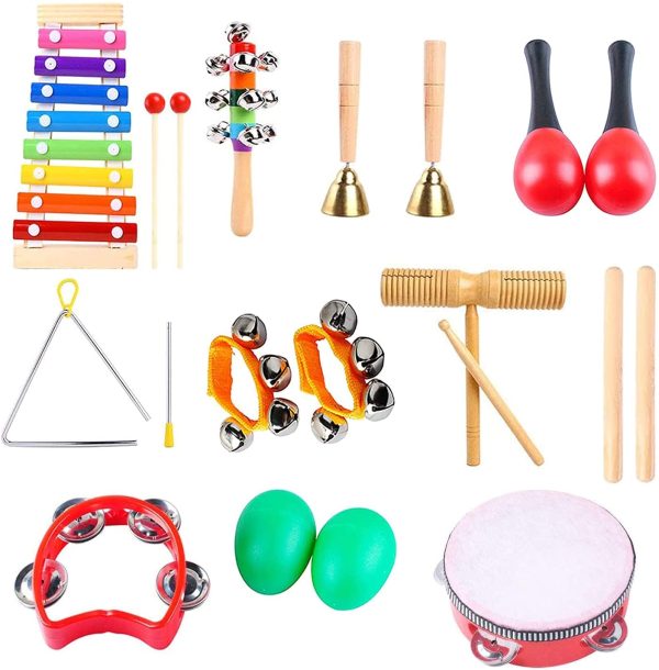 Kids Musical Instruments,Egg Shakers for Babies,Wooden Baby Percussion Toy Rhythm Xylophone,Kids Percussion Toy,Maracas/Wrist Bells/Triangle Hand Bells/Rhythm Band for Toddler, Children Preschool Educational Early Learning 18PCS Kids Musical Instruments Set - Image 6