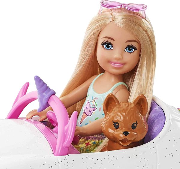 Barbie Club Chelsea Doll 6-inch Blonde, with Open-Top Rainbow Unicorn-Themed Car, Pet Puppy, Sticker Sheet & Accessories, Gift for 3 to 7 Year Olds