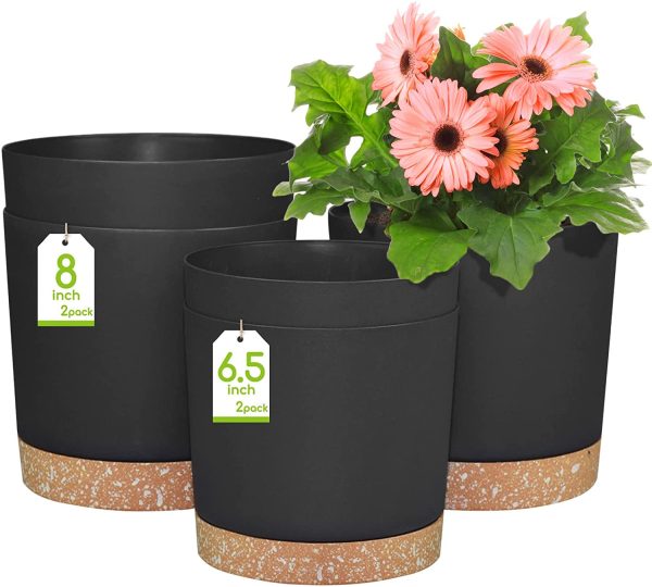 6.5 and 8 Inch Plant Pot, 4 Pcs Self Watering Plastic Planter with Saucers Trays and Drainage Hole, Modern Decorative Flower Pot Plant Container for Indoor Outdoor Home Garden Plant, Dark Gray - Image 5