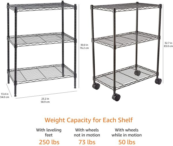 Amazon Basics 3-Shelf Adjustable, Heavy Duty Storage Shelving Unit on 4'' Wheel Casters, Metal Organizer Wire Rack, Black (23.2L x 13.4W x 32.75H) - Image 3