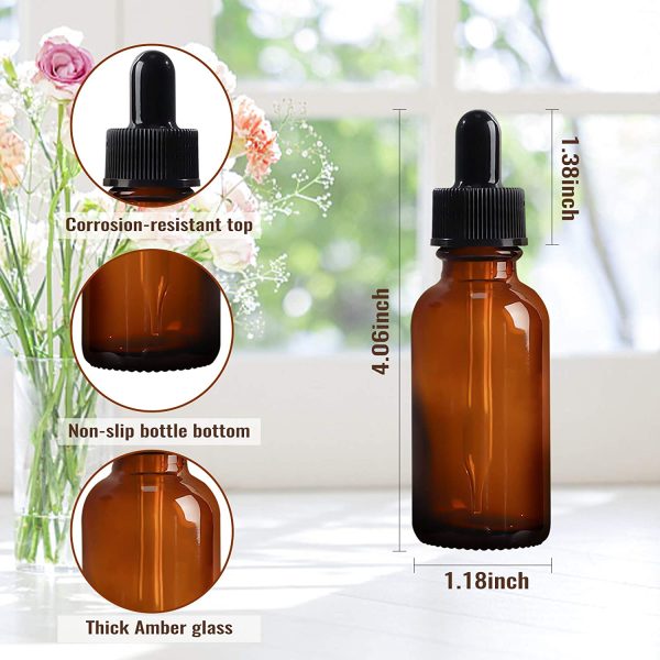 24 Pack 1oz Amber Glass Bottles with Glass Eye Droppers for Essential Oils, Perfumes & Lab Chemicals (Brush, Funnels, 2 Extra Droppers, 36 Pieces Labels & 30ml Measuring Cup Included) - Image 2