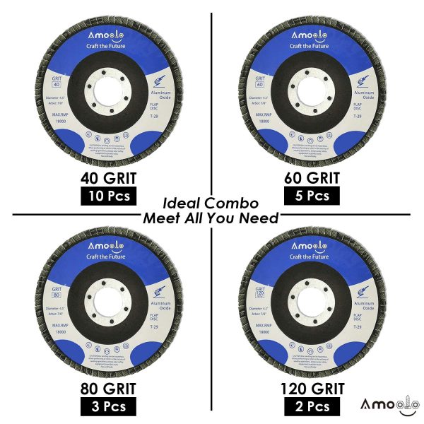 amoolo 4 1/2 Flap Disc (20 Pack), T29 Aluminum Oxide Angle Grinder Sanding Disc (40 60 80 120 Grit), Abrasive Grinding Wheel (7/8 inch Arbor Size) - Image 3