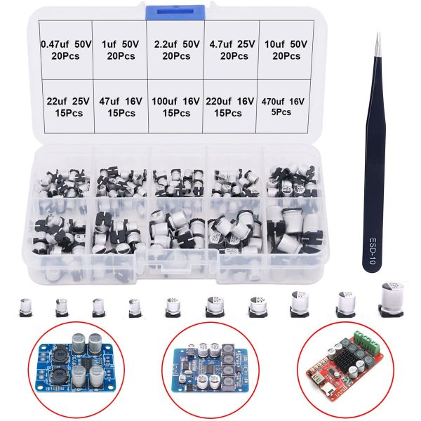 DAOKI 166PCS Electrolytic SMD Capacitor Assortment Kit 10 Values(0.47uF, 1uF, 2.2uF, 4.7uF, 10uF, 22uF, 47uF, 100uF, 220uF, 470uF) for DIY with Tweezers