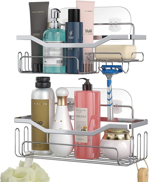 Shower Caddy Bathroom Shelf with 11 Hooks for Hanging Sponge and Razor, Shampoo Holder Organizer, No Drilling Wall Mounted Bathroom Organizer with 4 Traceless Adhesive Hooks, Stainless Steel - Image 2