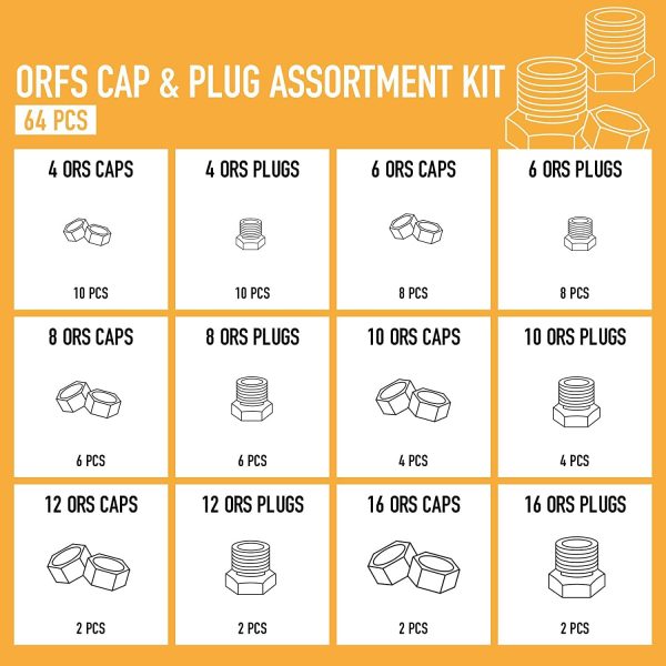 64 Piece ORFS Cap & Plug Kit Hose Tube and Pipe Hydraulic Fitting Set O-Ring Face Seal Cap and Plug Kit Galvanized 45# Steel with Precision Threading Sizes 4 6 8 10 12 16