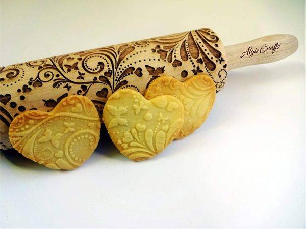 SPRING Embossing Rolling pin. Laser cut embossed dough roller with butterflies hearts flowers. Embossed cookies. Pottery. Birthday gift. Gift for mother - Image 3