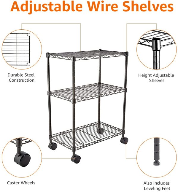 Amazon Basics 3-Shelf Adjustable, Heavy Duty Storage Shelving Unit on 4'' Wheel Casters, Metal Organizer Wire Rack, Black (23.2L x 13.4W x 32.75H) - Image 4