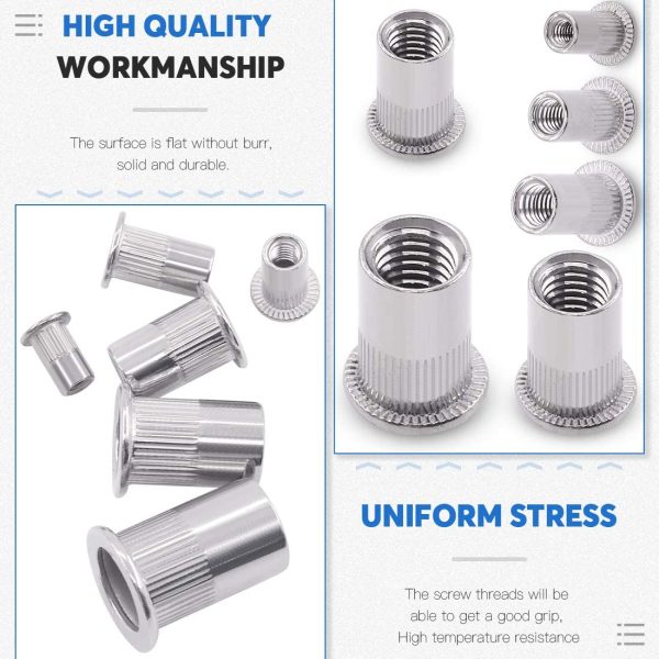 180Pcs 304 Stainless Steel Flat Head Threaded Rivetnut Insert Nutsert Rivet Nut Assortment Kit - M3 M4 M5 M6 M8 M10 - Image 4