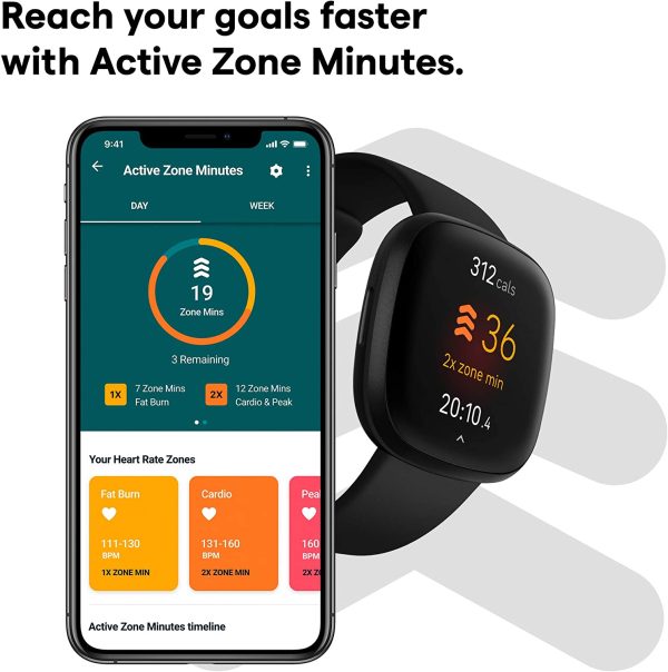 Fitbit Versa 3 Health & Fitness Smartwatch with GPS, 24/7 Heart Rate, Alexa Built-in, 6+ Days Battery, Black/Black Aluminum, One Size (S & L Bands Included) - Image 3