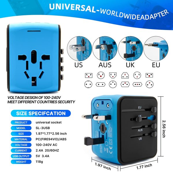 Convenient Travel Adapter With 4 USB (3 type A, 1 Type C) chargers and AC Electric Sockets, Multifunctional Power Adapter with USB Chargers, International Power Adapter, US, UK, EU, AU Types Covers 200+Countries - Image 5