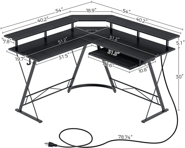 Computer Desk L-Shaped with Power Outlet and USB Port, 54" x 54" Corner Gaming Desk with Monitor Stand and Keyboard Tray, Home Office Desk with Hook, Black - Image 3