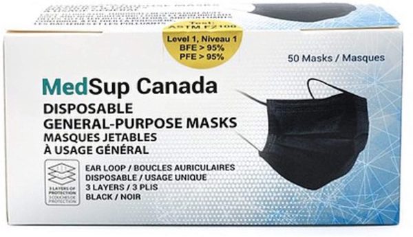 MedSup Canada 50pcs/Pack Black Disposable General - Purpose Face Masks, Test: ASTM F2100 Level 1 n-medical Civilian Use, 3 Ply Layer, Breathable Stretchable Elastic Ear Loops, Black Procedure Masks - Image 2