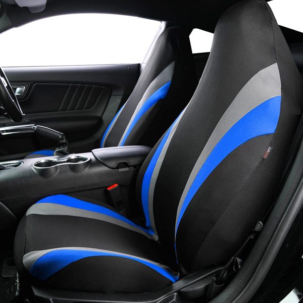 CAR PASS Line Rider Sporty Cloth Universal Fit Car Seat Cover -100% Breathable with 5mm Composite Sponge Inside,Airbag Compatible (2 Pieces, Black with Blue)