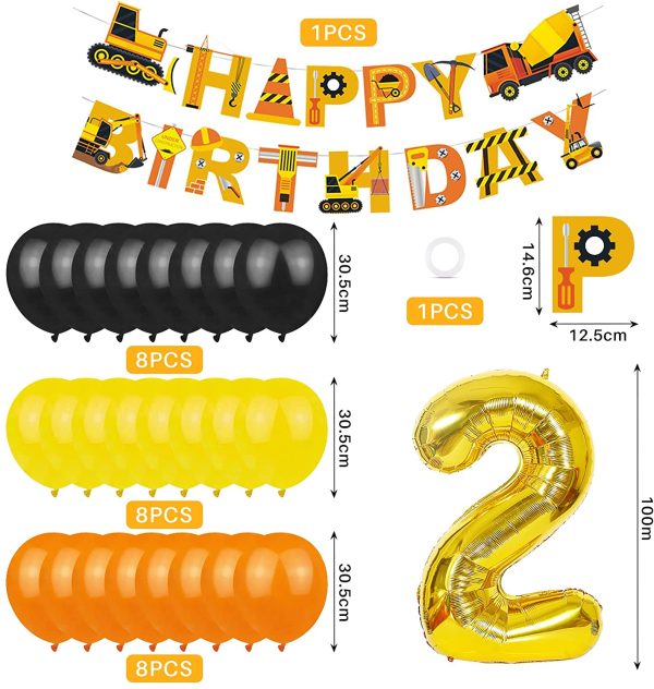 Refasy Birthday Decorations for Boys,Construction Party Supplies for 2nd Birthday Dump Truck and Digger Balloons,Birthday Banner,Cupcake Toppers for Kids Birthday Party - Image 2