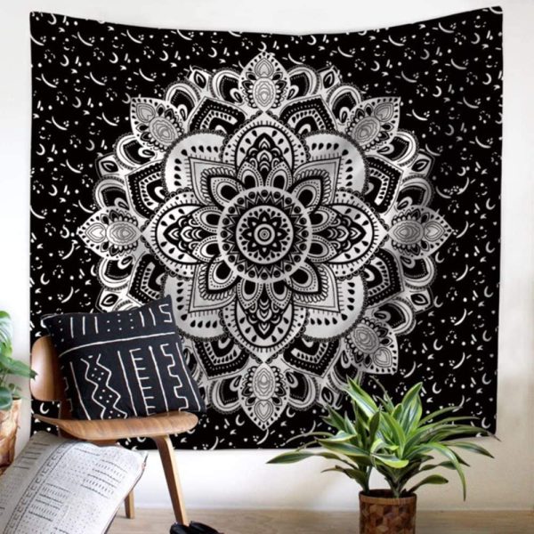 Tapestry Wall Hanging Black and White Mandala Flowers, Hippie Bohemian Tapestries Indian Home Decor Wall Art, Bedroom College Dorm Beach Throw Boho, 59"x51" by ZHH - Image 6