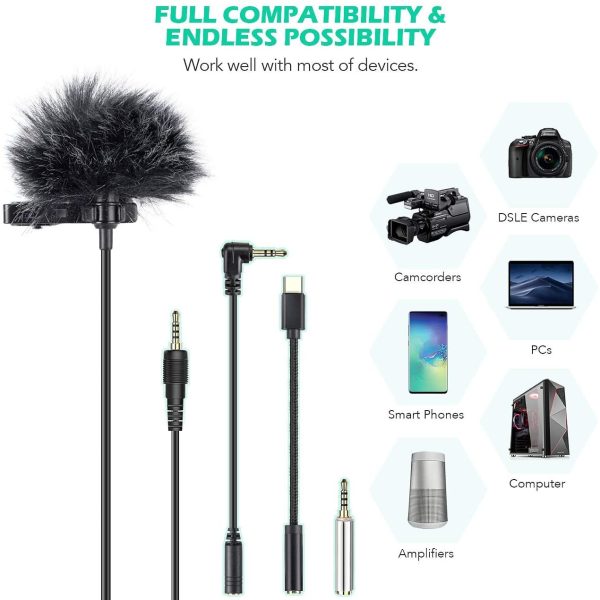 Lavalier Lapel Microphone Set,  Professional Omnidirectional Condenser Mic with 3 kinds of Adapters and Wind Muff, Clip-on Mini Microphone with Type-c Adapter, Perfect Recording Partner for Camera, DSLR, iPhone, Android, PC, Interview, Video conferencing, Podcast and More - Image 3