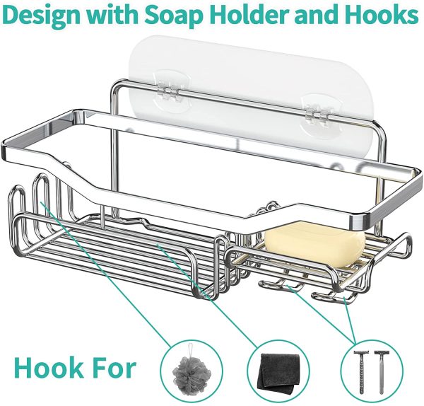 Shower Caddy Bathroom Shelf with 11 Hooks for Hanging Sponge and Razor, Shampoo Holder Organizer, No Drilling Wall Mounted Bathroom Organizer with 4 Traceless Adhesive Hooks, Stainless Steel - Image 5