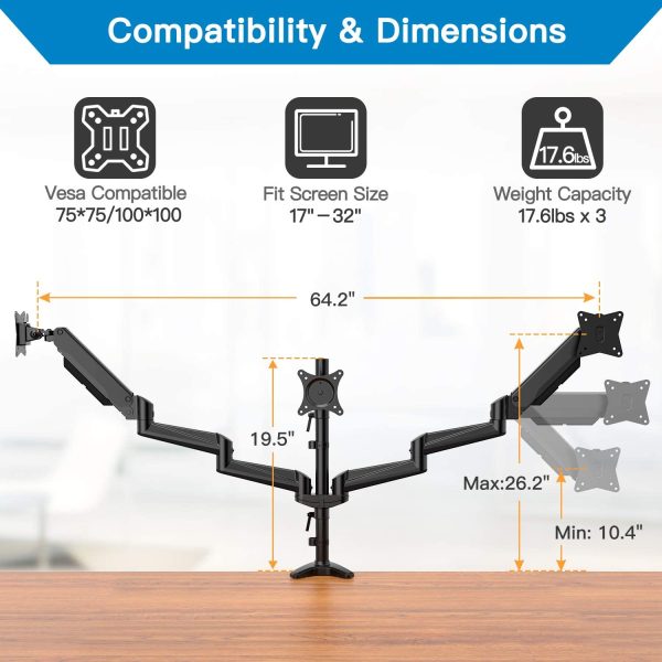 Triple Monitor Stand - Full Motion Articulating Aluminum Gas Spring Monitor Mount Fit Three 17 to 32 inch LCD Computer Screens with Clamp, Grommet Kit, Black - Image 3