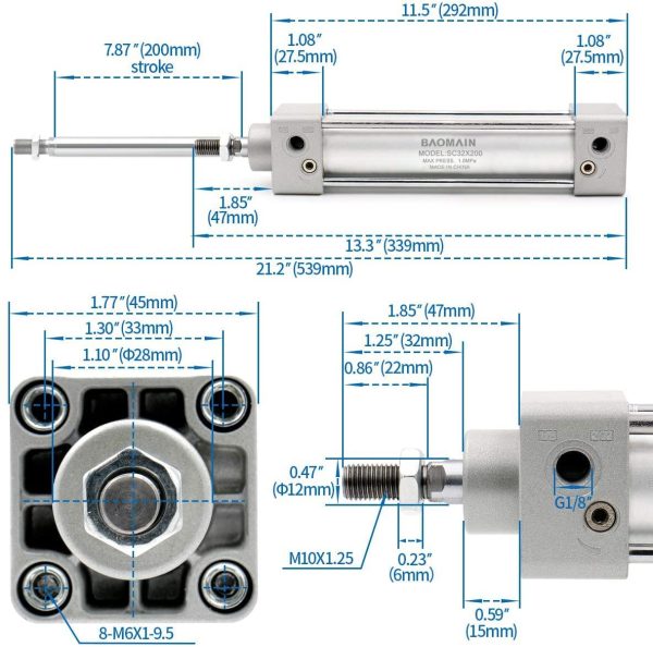 Baomain Pneumatic Air Cylinder SC 32-200 32mm Bore 200mm Stroke Screwed Piston Rod Dual Action - Image 3