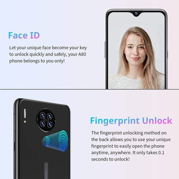 Unlocked Smartphones,  A80, 4G Dual sim Unlocked Cell Phones, Bundle Android 10 OS 2GB+16GB ROM, 6.21" HD+, Fingerprint Face Detection, 4200mAh high Capacity Battery Phone Unlocked - Image 3