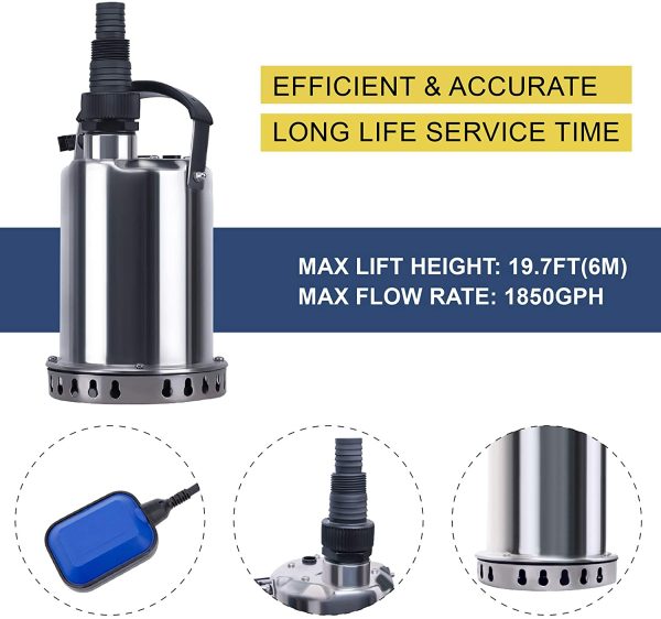 1/2HP 1850 GPH Submersible Pump Stainless Steel Portable Sump Pumps Electric Transfer Water Pump Utility Clean Water for Pool,Ponds and Basement Drain