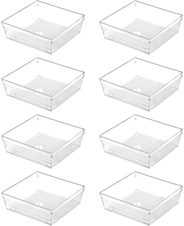 Clear Plastic Drawer Organizer Tray for Vanity Cabinet (6"×6"×2" Set of 8)Storage Tray for Makeup, Kitchen Utensils, Jewelries, and Gadgets