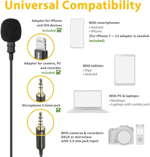 Professional Grade Lavalier Microphone with Adapter Compatible with iPhone - Lapel Microphone for iPhone X 11 12 13 Pro - iPhone Compatible External Microphone - iPhone XR, XS, XS Max Video Mic