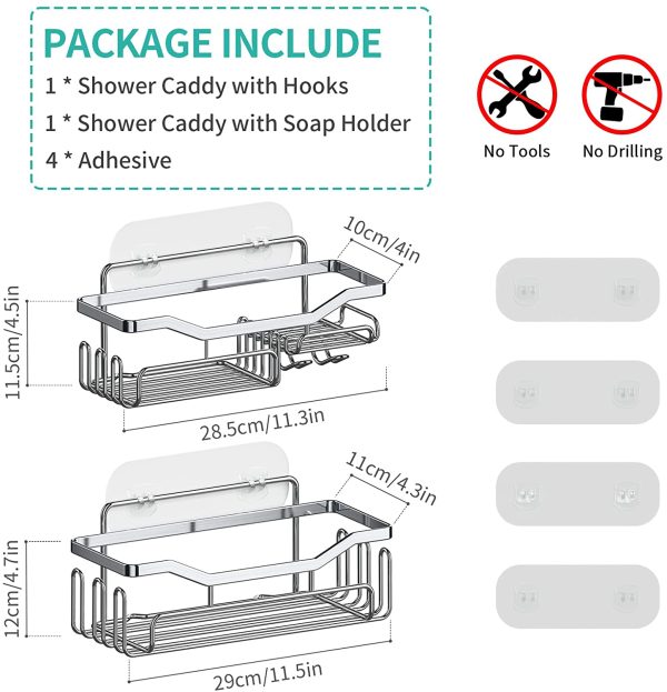 Shower Caddy Bathroom Shelf with 11 Hooks for Hanging Sponge and Razor, Shampoo Holder Organizer, No Drilling Wall Mounted Bathroom Organizer with 4 Traceless Adhesive Hooks, Stainless Steel - Image 4