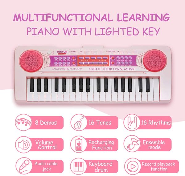 Kids Keyboard 37 Keys Kids Piano Keyboard Girls Multi-Function Piano Pink Organ Educational Light up Keyboard with Microphone for Kids Girls Toddlers Toys 16.5Inch - Image 8