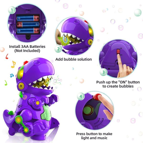 Bubble Machine for Kids, Automatic Dinosaur Bubble Blower, Walk & Stay Still Two Settings, Music & Light, Bump N Go Feature, Portable Bubble Maker Toys , Two Bottles of Bubble Solution & Screwdriver - Image 5