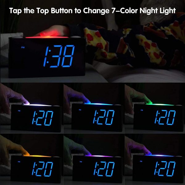 Digital Alarm Clock for Bedrooms, 7'' Large LED Display Electric Clock with 2 USB Chargers, 7 Color Night Light Alarm Clock, 0-100% Dimmer, 12/24 H & DST, Adjustable Volume, Big Snooze, Battery Backup, Simple Basic Plug in Loud Alarm Clock for Heavy Sleepers Kids Teens Boys Girls Elderly Seniors, Home Living Room Kitchen Desk Shelf Bedside Nightstand, Office Travel (Blue) - Image 6