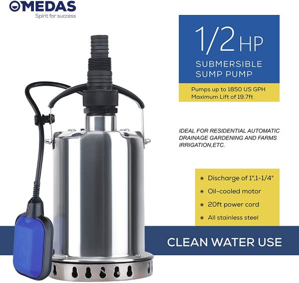 1/2HP 1850 GPH Submersible Pump Stainless Steel Portable Sump Pumps Electric Transfer Water Pump Utility Clean Water for Pool,Ponds and Basement Drain - Image 6