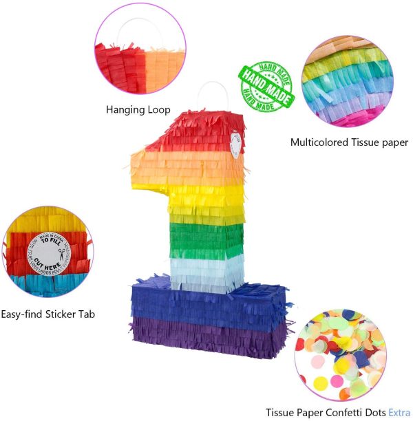 Pinata Number 1 for Birthday Anniversary Celebration Decorations Gaming Theme Pet Party Cinco de Mayo Fiesta Supplies with Stick Multicolor Confetti Colorful Pinatas 0 1 2 3 4 5 6 7 8 9 (1) - Image 2