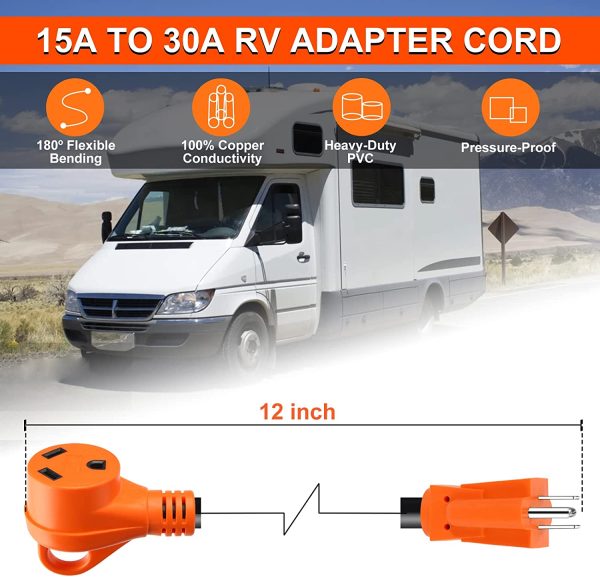 15Amp Male to 30Amp Female RV Adapter Cord 12 Inch,Heavy Duty 5-15P to TT-30R RV Power Converter Plug with Grip Handle,125V/1875W Electrical Adapter Cord for RV Camper Bus Trailer - Image 3