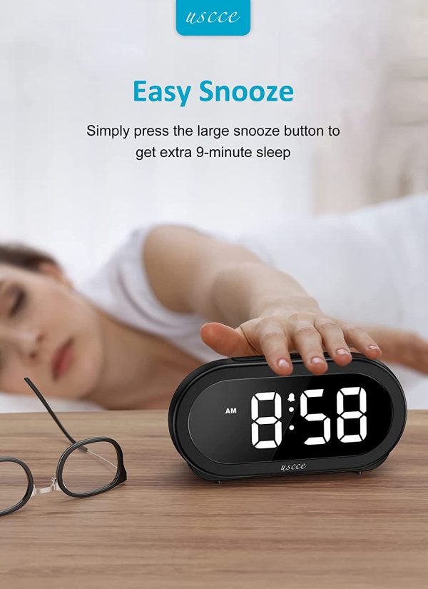 Small LED Digital Alarm Clock with USB Charger, 0-100% Dimmer, 5 Alarm Sounds, Easy to Set, Adjustable Volume, Snooze, 12/24Hr, Battery Backup, Compact Clock for Bedrooms Bedside Heavy Sleepers