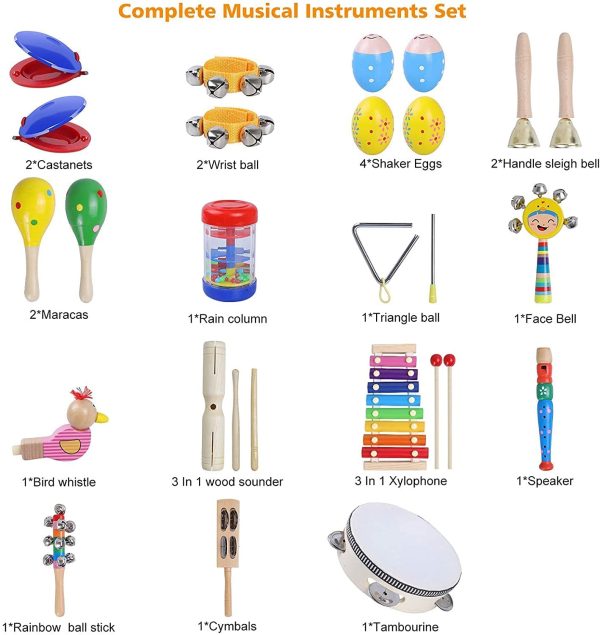 Rabing Baby Musical Instruments, Wooden Musical Toys Set Early Education Toys with Xylophone, Tambourine, Hand Bell Percussion Instruments Toy for 1-5 Years Old Kids Boys Girls with Storage Backpack - Image 6