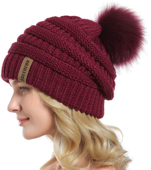 Queenfur Knit Slouchy Beanie for Women Thick Baggy Hat Faux Fur Pompom Winter Hat