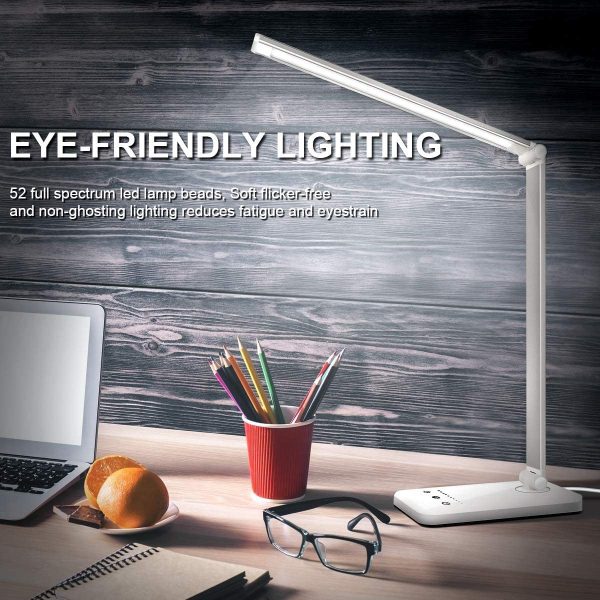 LED Desk Lamp, Eye-Caring Table Lamps, 5 Modes, 10 Brightness Levels, Touch Control, Adjustable Table lamp with USB Charging Port, Auto Timer 30 / 60min,For Office,Home, Reading, Studying, Working, White - Image 4