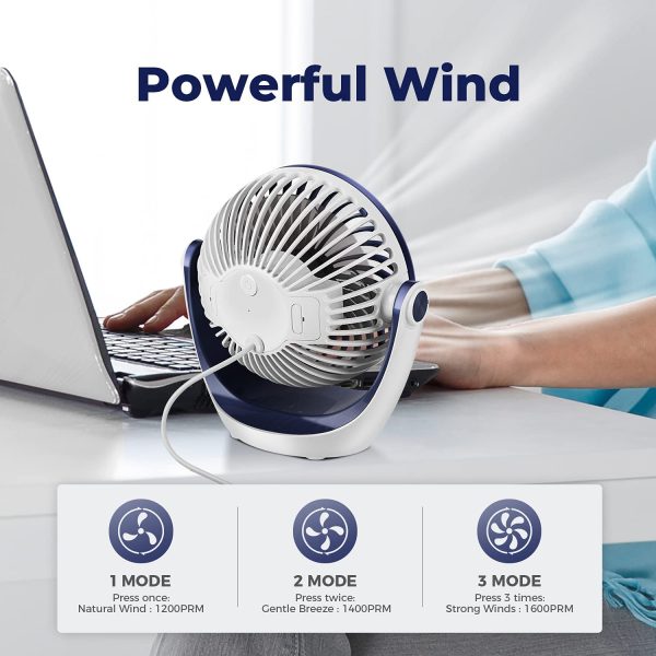 USB Desk Fan Table Fan with Strong Airflow & Quiet Operation, Portable Cooling Fan 3 Speed Adjustable 360??Rotatable Head for Home Office Bedroom Table and Desktop (Diamond Blue) - Image 2